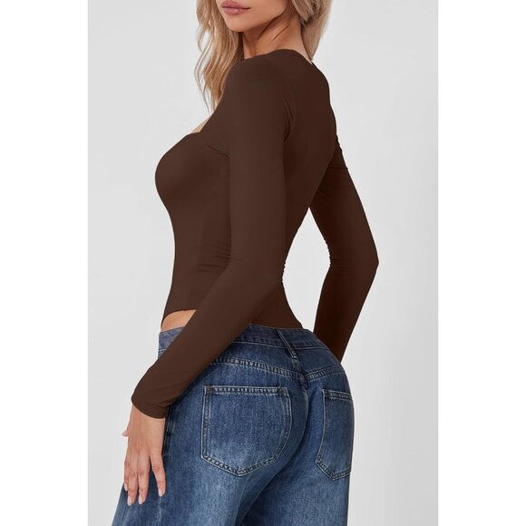 Women's Coffee Bean Square Neck Long Sleeve Double Lined Shirt Tops Bodysuit - Picture 2 of 6